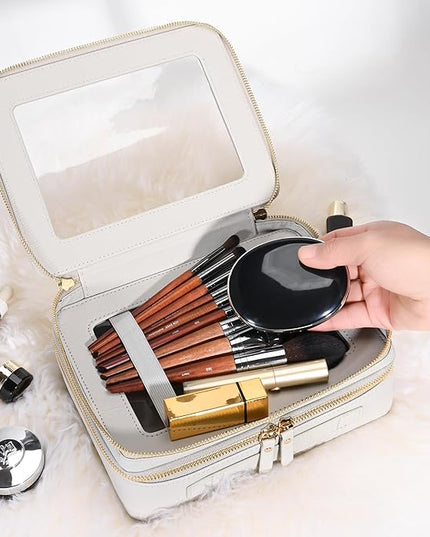 Aveniee Clear Makeup Bags, Double Layer Cosmetic Bags with a Separate Brush Compartment, Large Travel Toiletry Bag Train Case for Women, Travel Accessories Organizer,2 Layers Large, Grey
