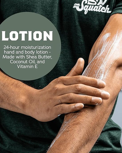 Dr. Squatch Natural Hand and Body Lotion for Men - Made with Shea Butter, Coconut Oil, Vitamin E for 24-Hr Moisturization - Pine Tar, Fresh Falls, Coconut Castaway & Cool Fresh Aloe (10 fl oz, 4-Pack)