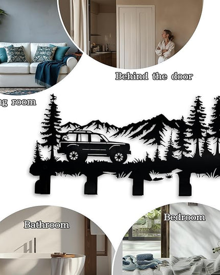 Metal Car Coat Hooks and Key Holder, Mountain Design Wall Art Decor with 5 Hooks, Clothes Hat Rack, and Backpack Hanger, Storage Decor for Living Room, Hallway, Office, Kitchen, Entryway, and Bedroom