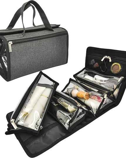 Large Capacity Hanging Eco Polyester Travel Toiletry Bag Makeup Cosmetic Bag 4-in-1 Roll-Up Make Up Storage Organizer With 4 detachable Removable Zipper Clear TPU Pouches & Hook