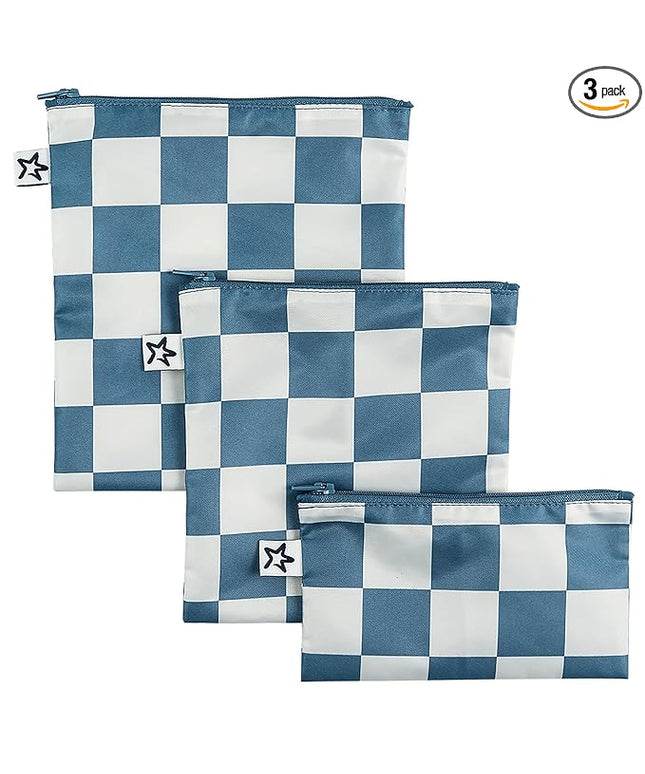 Tiny Twinkle Reusable Snack Bags for Kids – 3 Pack Snack Pouches & Sandwich Bag for Toddlers – Machine Washable, Mess-Proof for Lunch & Travel (Blue Checkers)