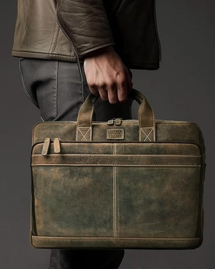LEATHER VILLAGE 16" Leather Laptop Messenger Briefcase Bag for Men-Leather Satchel for Travel and Office Shoulder Bag- Rustic Brown