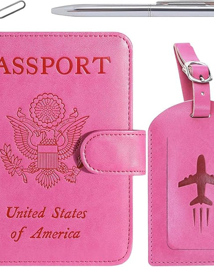 Passport Holder With Luggage Tag Cover Wallet RFID Blocking Leather Case Travel Essentials Accessories Travel Must Have(114#Pink)