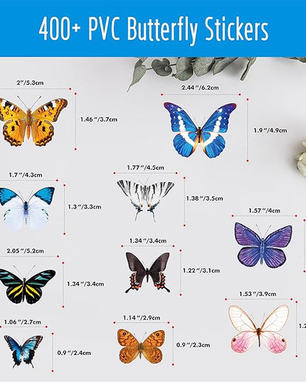400+ PCS Delicate Butterfly Stickers, Self-Adhesive PVC Vintage Butterfly Stickers for Scrapbook, Journal, Laptop, Envelope, DIY Project, Window, Spring Themed Party Decors