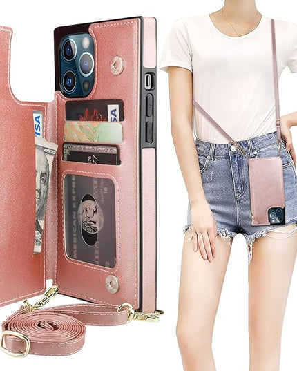 Bocasal Crossbody Wallet Case for iPhone 12 Pro Max with Card Holder,Zipper Card Slot Protector Shockproof Purse Cover with Removable Cross Body Strap 6.7 Inch(Rose Gold)