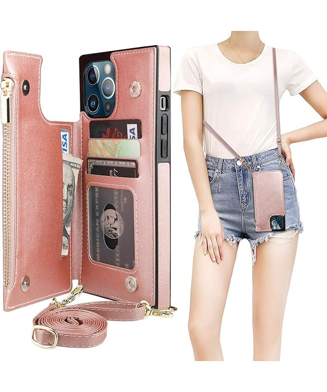 Bocasal Crossbody Wallet Case for iPhone 12 Pro Max with Card Holder,Zipper Card Slot Protector Shockproof Purse Cover with Removable Cross Body Strap 6.7 Inch(Rose Gold)