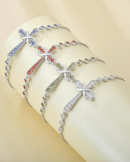 YL Cross Bracelet 925 Sterling Silver Infinity Sideways Link Bracelet Birthstone Jewelry for Women