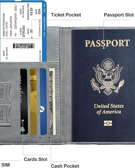 Passport Holder for Travel Women and Men RFID Passport Holder with Card Slots Holder Passport Case Passport cover Passport Wallet Travel Essentials and Accessories (Buckle, Grey)
