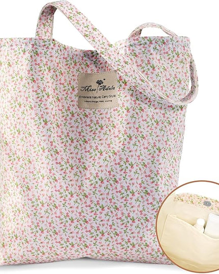 Aesthetic Cotton Tote Bag for Women - Reusable Shoulder Bag with Buckle Fabric Bag for Gym, Travel, Work