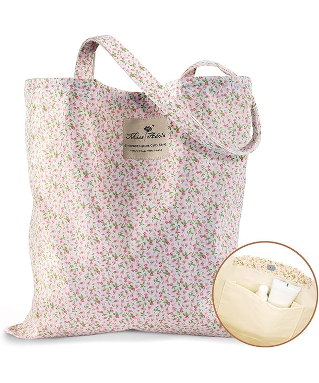 Aesthetic Cotton Tote Bag for Women - Reusable Shoulder Bag with Buckle Fabric Bag for Gym, Travel, Work