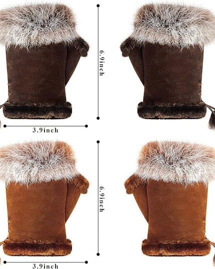 SATINIOR Women Fur Fingerless Gloves Winter Rabbit Fur Lined Half Finger Mittens for Women Girls Teen Working Writing