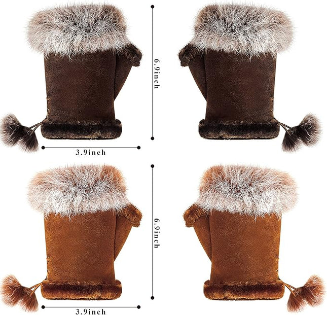 SATINIOR Women Fur Fingerless Gloves Winter Rabbit Fur Lined Half Finger Mittens for Women Girls Teen Working Writing