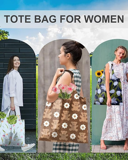BeeGreen Cute Carnation Cyan Gift for Women Reusable Shopping Bags Large Shopping Basket for Groceries Foldable Gift Bag Grocery Organizer with Handles Tote Bulk Cloth Heavy Duty Washable Packable