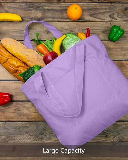 TOPDesign 3-Pack Canvas Tote Bags with an External Pocket, Reusable Grocery Shopping Bags, Top Zipper Closure, Daily Essentials (Lavender)