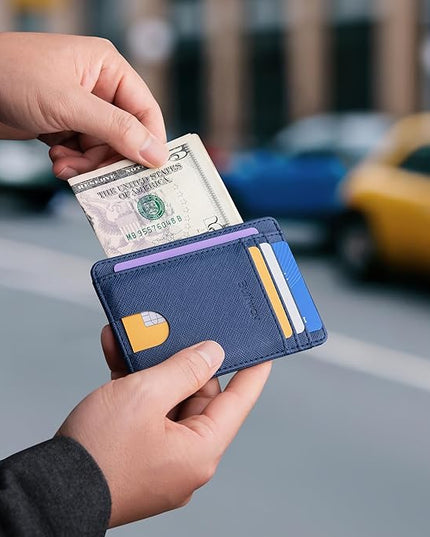 Buffway Slim Minimalist Front Pocket RFID Blocking Leather Wallets for Men and Women - Cross Blue