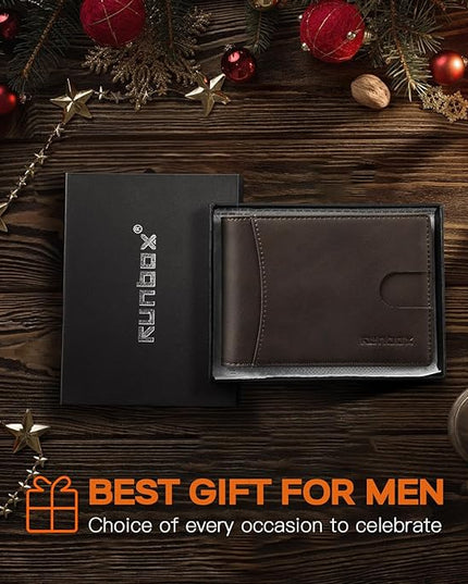 RUNBOX Slim Wallet for Men Genuine Leather RFID Blocking Bifold Minimalist Front Pocket Mens Wallet with Money Clip Thin Gift Box