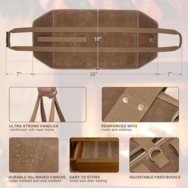 INNO STAGE Canvas Wood Carriers Fire Wood Log Tote Bag, Waxed Canvas Hay Hauling for Fireplace, Round Woodpile Carrying for Tubular Stand by Hearth Stove or Outdoor Camping