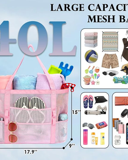 Mesh Beach Bag, Large Beach Tote with Zipper Pocket, Toys Pool Bag for Family Travel Vacation Cruise Essentials