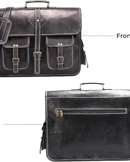 Vintage Leather Laptop Bag for Men Full Grain Large Leather Messenger bag for men 18 inches with rustic look Brown briefcase (Black)