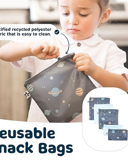 Tiny Twinkle 5 Pack Reusable Snack Bags - Machine Washable, PFAS, PVC, BPA, Phthalate-Free Reusable Baby and Toddler Food Safe Snack Bags (Space)