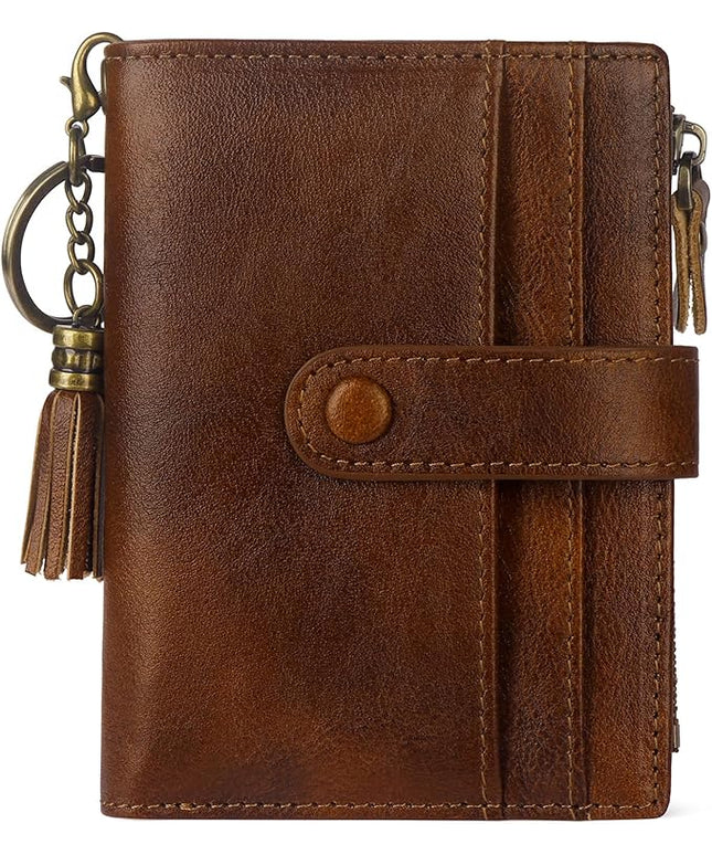 Blucoay Leather Wallet Women,RFID Blocking Small Wallets for Women Compact Bifold Wallet Card Holder With Zipper Coin Pocket darkbrown