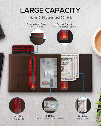 Mens Wallet with AirTag Holder: Smart Wallet Compatible with Apple AirTag, Pop Up Card Case, Top Grain Leather, RFID Blocking, Slim, Minimalist, 9-14 Card Capacity | ID Window | Cash Slot (Brown)