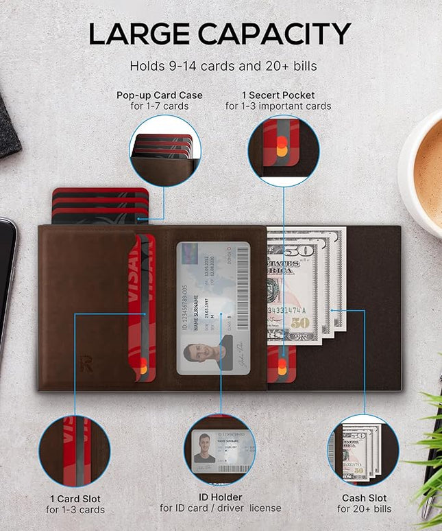 Mens Wallet with AirTag Holder: Smart Wallet Compatible with Apple AirTag, Pop Up Card Case, Top Grain Leather, RFID Blocking, Slim, Minimalist, 9-14 Card Capacity | ID Window | Cash Slot (Brown)