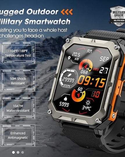 Military Smart Watch for Men (Answer/Make Call), 10 ATM Waterproof Outdoor Sports Fitness Tracker with, Blood Pressure, Heart Rate, Sleep Monitor, Rugged Tactical Smartwatch for Android and iPhone
