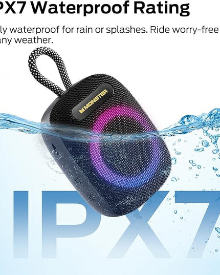 Monster S300 Bluetooth Shower Speaker, IPX7 Waterproof Wireless Portable Bike Speaker with RGB Lights, 10H Playtime, Powerful Sound, BT6.0, Bike Accessories, TWS, for Outdoors/Travel/Home, Black