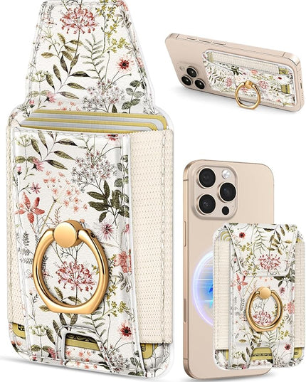 Shorogyt Compatible with Magsafe Wallet with Grip Magnetic Card Holder - Cute Phone Wallets with Ring Stand for iPhone 17/16/15/14/13/12 Series for Women Girls Flowers Design, Fit 7 Cards