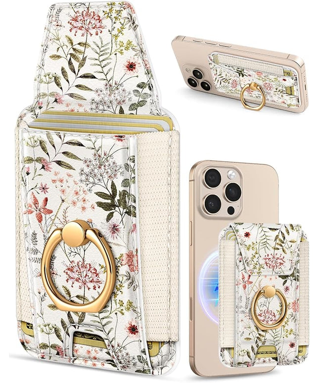 Shorogyt Compatible with Magsafe Wallet with Grip Magnetic Card Holder - Cute Phone Wallets with Ring Stand for iPhone 17/16/15/14/13/12 Series for Women Girls Flowers Design, Fit 7 Cards