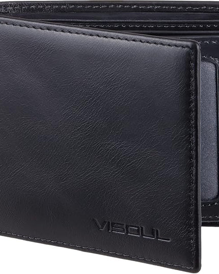 VISOUL Leather Mens Bifold RFID Blocking Wallet with 2 ID Windows, Leather Wallet for Men (Leather, Black)