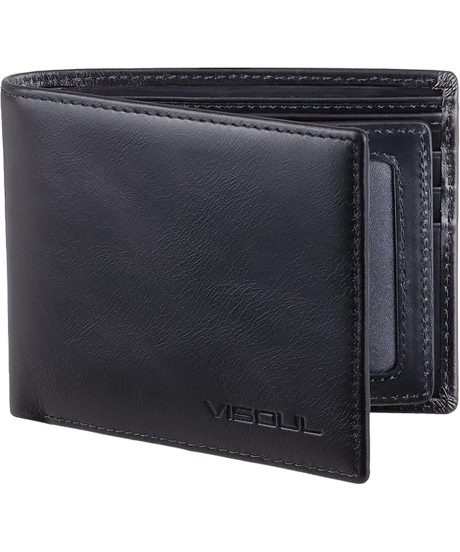 VISOUL Leather Mens Bifold RFID Blocking Wallet with 2 ID Windows, Leather Wallet for Men (Leather, Black)