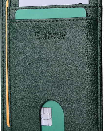 Buffway Slim Minimalist Front Pocket RFID Blocking Leather Wallets for Men and Women - Lichee Green