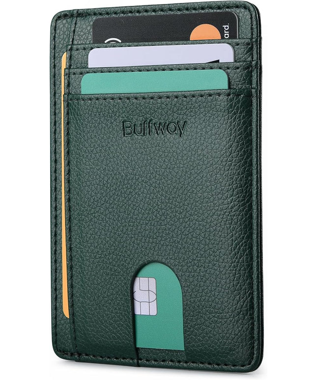 Buffway Slim Minimalist Front Pocket RFID Blocking Leather Wallets for Men and Women - Lichee Green