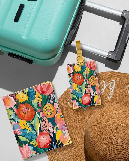 Slohif Passport Holder Lugguage Tag Set Suitcase Cover Wallet Case for Travel Women - Leather Passport Book Personalized Organizer Card Protector Sleeve Essentials Slim Carrier Flower