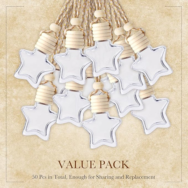 BBTO 50 Pcs Hanging Car Air Freshener Car Diffuser Bottles Empty Glass Perfume Bottle Freshener Diffuser Bottle Pendant for Essential Oil Fragrance Aromatherapy Bottle Ornament(Star)