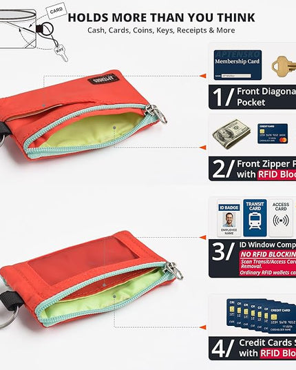 RFID Travel Wallet with Adjustable Lanyard-Zipper Small Wallet with ID Card Holder, Keychain for women&men-Minimalist Slim Waterproof Nylon case for ID, Cash, Key (Blazing Orange)