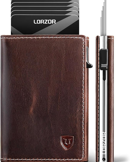 LORZOR Wallet for Men with Metal Card Holder, Pop Up Wallet, Finest Full Grain Leather Trifold Wallet, Smart, Minimalist, RFID Blocking, Front Pocket, ID Window, VintageBrown/Silver