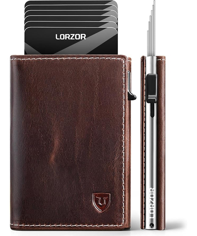 LORZOR Wallet for Men with Metal Card Holder, Pop Up Wallet, Finest Full Grain Leather Trifold Wallet, Smart, Minimalist, RFID Blocking, Front Pocket, ID Window, VintageBrown/Silver