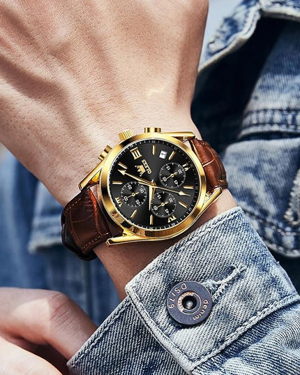 OLEVS Men's Chronograph Leather Watch, Big Face Easy to Read Analog Quartz Dress Watch, Casual Waterproof Luminous Hands Date Watches for Men, White/Blue/Black/Gold Dial