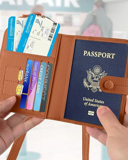 Passport Holder RFID Protected Wallet and Luggage Tag with Protection Cover Travel Accessories Leather Card Case Organizer for Women Men (Brown)