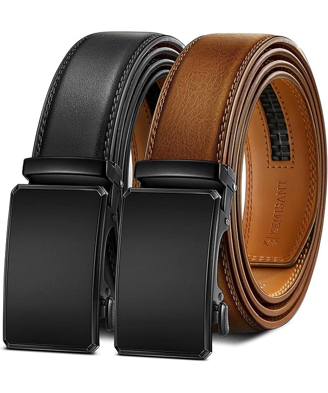KEMISANT Men Belt 2 Pack, Leather Ratchet Belt Easy Click Slide For Men 1 3/8",Cut for Fit