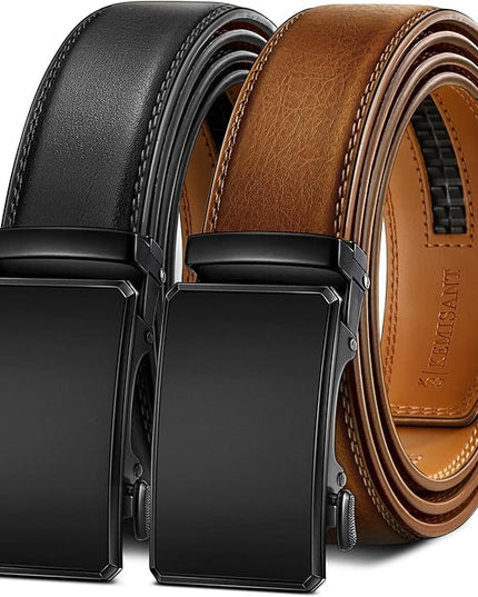 KEMISANT Men Belt 2 Pack, Leather Ratchet Belt Easy Click Slide For Men 1 3/8",Cut for Fit