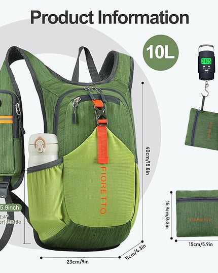 FIORETTO 10L Lightweight Packable Hiking Backpack Small Foldable Daypack for Women Men Compact Travel Backpack for Camping & Outdoor, Green