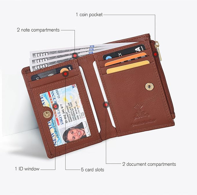 Oak Leathers Leather Wallet For Women - Small RFID Coin Purse Credit Card & ID Holder for Ladies, Gift for Women's, Bifold Wallets (Nappa Cognac)