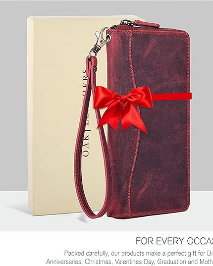Oak Leathers Red Vintage Leather Wallet for Women - RFID Womens Wallet Clutch with 8 Credit Card Holder, Coin Pocket, Gift for Women’s