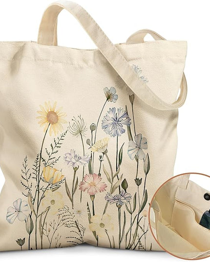 Aesthetic Tote Bag for Girls - with Magnetic Buckle and Zipper Inner Pocket for Women Lady Canvas Cotton Tote Bag