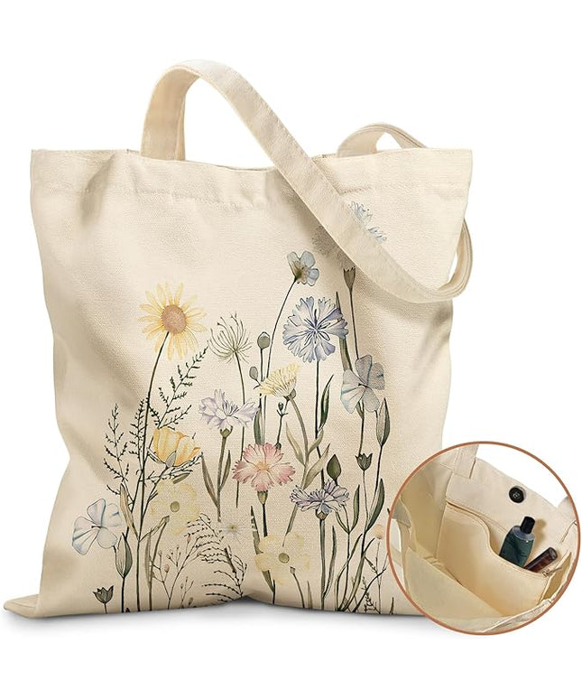 Aesthetic Tote Bag for Girls - with Magnetic Buckle and Zipper Inner Pocket for Women Lady Canvas Cotton Tote Bag