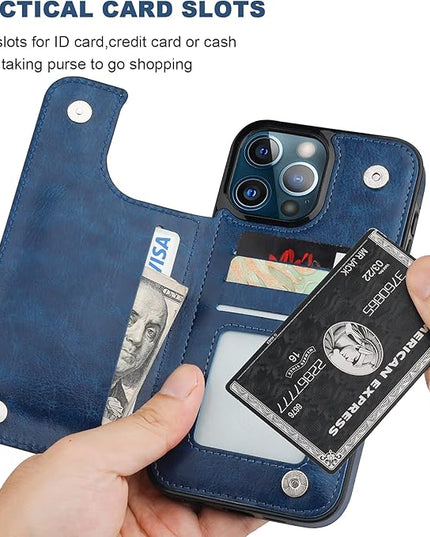ONETOP Compatible with iPhone 13 Pro Max Wallet Case with Card Holder,PU Leather Kickstand Card Slots Case, Double Magnetic Clasp and Durable Shockproof Cover 6.7 Inch(Blue)